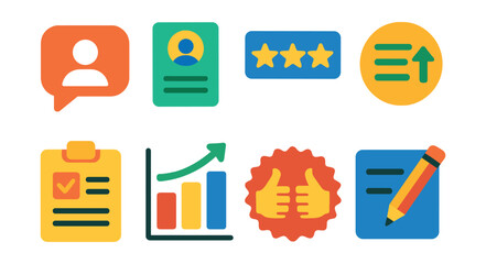 Flat vector icons of feedback and improvement: teacher comment bubble, student feedback card, course rating stars, suggestion list icon, lesson improvement note, satisfaction score graph, peer