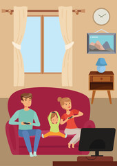 Vector Illustration of Three Families Having Fun on the Sofa with Their Beloved Son