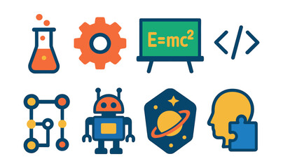 Flat vector icons of STEM education visuals: science experiment tube, engineering gear icon, math formula board, coding brackets, circuit diagram icon, robot building kit, space learning badge,