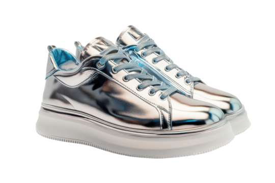 Sleek silver metallic sneakers with light blue accents stylish platform sole modern design clean - Powered by Adobe