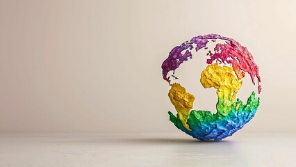 A colorful globe painted with rainbow colors representing global diversity, unity and tolerance. The globe is slightly tilted and set against a neutral background.