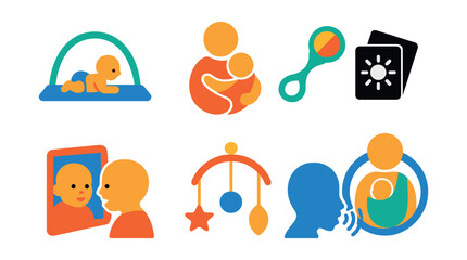 Flat vector icons of bonding and stimulation: tummy time mat, cuddle wrap icon, soft rattle toy, high-contrast flashcards, mirror play icon, baby talk symbol, sensory mobile, kangaroo care badge.