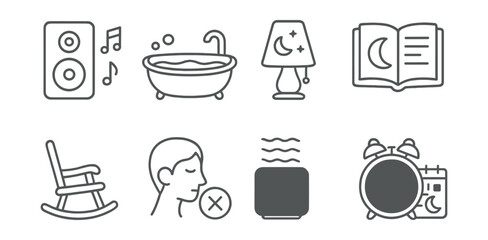 Line style icons of calming routines: soft music, warm bath, dim night light, bedtime story, gentle rocking, quiet time, white noise, sleep schedule.