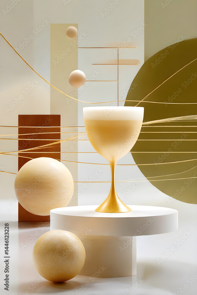 Poster golden drink in elegant goblet placed in futuristic geometric composition with floating spheres and 