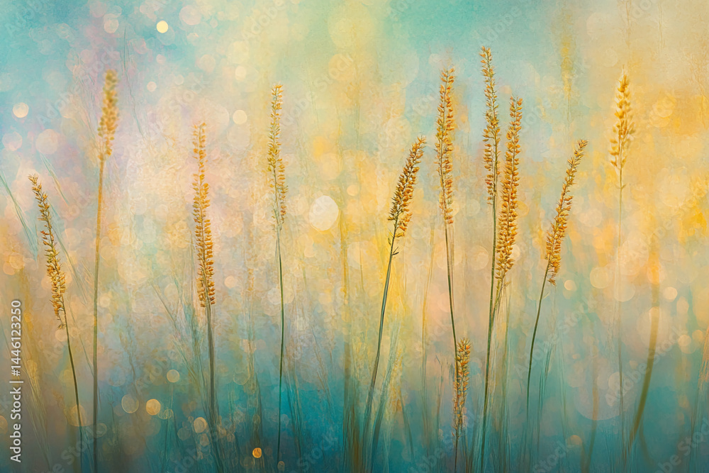 Poster golden grass stalks against a teal and beige bokeh background, creating a serene and peaceful image 