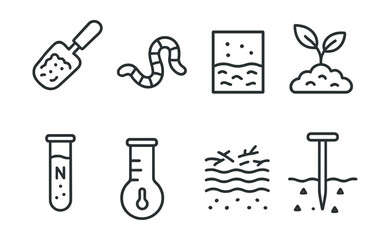 Line style icons of soil health: compost scoop, earthworm icon, soil texture, organic matter, nutrient test, mulch layer, soil thermometer, aeration spike.