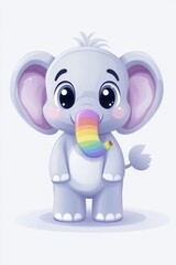 Naklejka premium Cute cartoon elephant with large eyes, gray body, pink cheeks, and a rainbow-colored trunk, standing on a white background