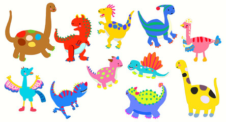 Cute dinosaurs set. Colorful hand drawn doodle dinosaurs. character design for kid . emboss textured  style . for playful , print, clothes, poster, education, edutainment. 