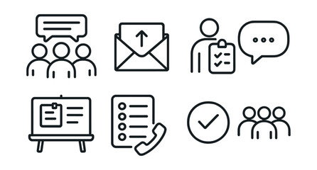 Line style icons of volunteer communication: group text, update email, role briefing, chat bubble, message board, call list, status icon, group signal.