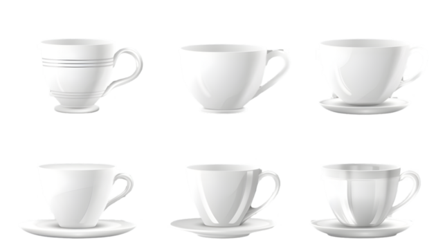 A collection of six white teacups and saucers arranged in a grid on a  transparent background studio shot 