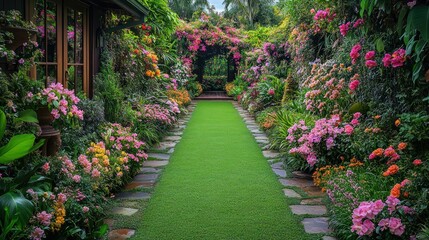 Fototapeta premium Lush Garden Pathway Surrounded by Vibrant Flowers in Bloom