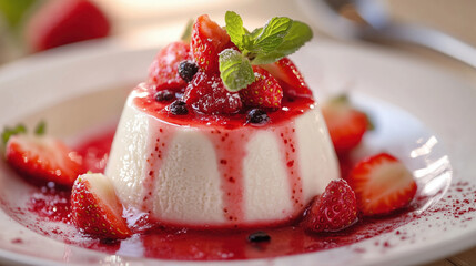 Panna cotta with strawberry sauce and mint on plate