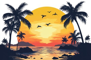 Obraz premium Palms island with sunset on reflecting water