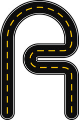 Fototapeta premium Curved graphic line, in the shape of a paved street with dashed line as surface marking for traffic signage on the road, forming the letter R of alphabet