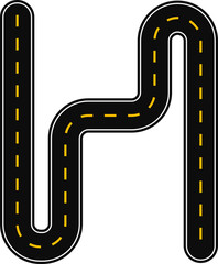 Fototapeta premium Curved graphic path, shaped like a paved street with dashed line as surface marking for traffic signage on the road, with curved path between ends