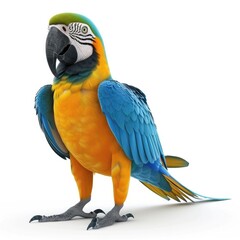Fototapeta premium Vibrant blue and yellow macaw stands proudly against a white background.