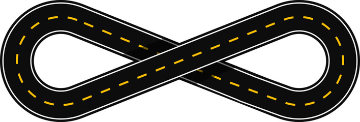 Curved graphic path, shaped like a paved street with dashed line as surface marking for traffic signage on the road, with a looped infinity shape