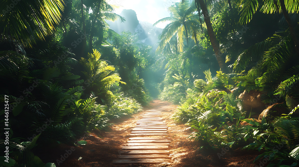 Poster serene jungle pathway surrounded by lush greenery and vibrant foliage, illuminated by soft sunlight 