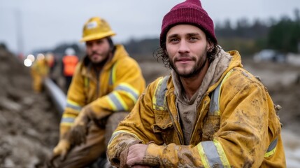 Fototapeta premium Young male construction worker wearing a burgundy beanie and yellow safety jacket during outdoor project