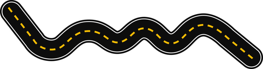 Fototapeta premium Wavy graphic line, in the shape of a paved street with dashed line as surface marking for traffic signage on the road.