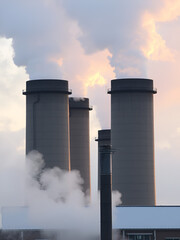 Industrial chimneys emitting smoke, symbolizing brick kilns at work,