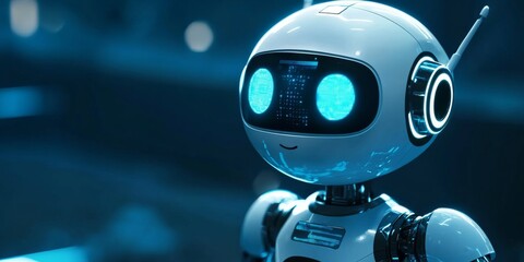 A friendly robot uses a digital screen. The blue background makes it perfect for tech and AI projects.