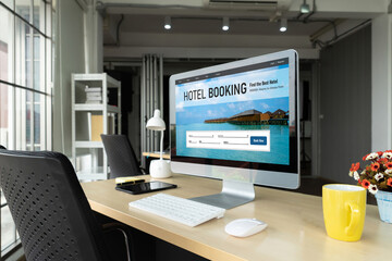 Online hotel accommodation booking website provide modish reservation system . Travel technology concept .