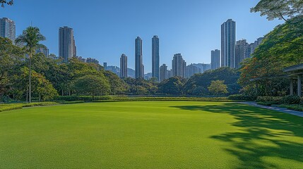 Fototapeta premium Lush green lawn contrasts vibrant city skyline under clear blue sky
