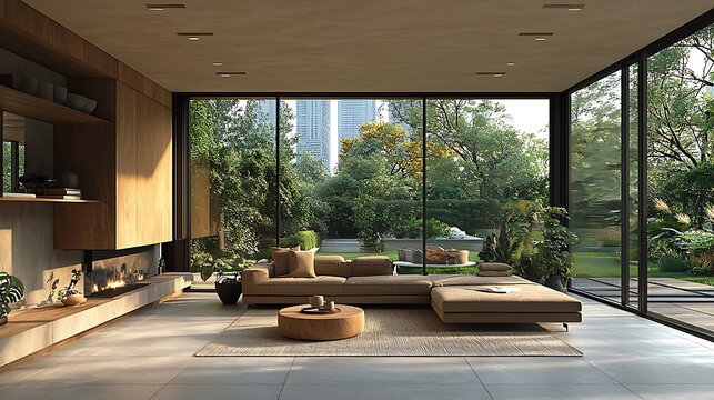 Fototapeta Modern living room with large windows showcasing a lush garden view and cozy furnishings