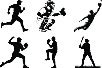 Obraz premium Baseball Silhouette Bundle of Baseball Players Vector Art for Sports and White Background.