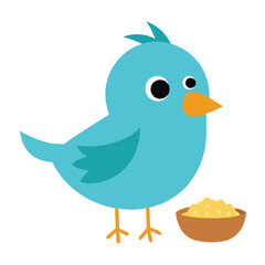 Cute cartoon blue bird with seed bowl vector illustration for children