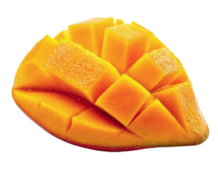 Juicy mango cut into cubes, vibrant yellow flesh, perfect for summer recipes, healthy eating concepts, or tropical themes.  Its bright color evokes freshness and happiness.