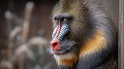 Fototapeta premium Majestic Mandrill Portrait: Intense Gaze, Vibrant Colors, Close-Up