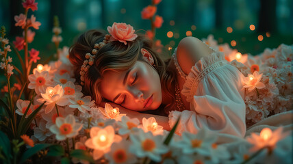 Young girl sleeping sweetly in a fairytale forest, dream, nature and innocence, beauty and tranquility