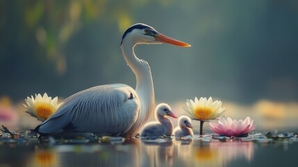 Majestic Heron Family in Pond