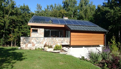 Modern eco-friendly home, rooftop garden, solar panels, surrounded by forest, natural materials 