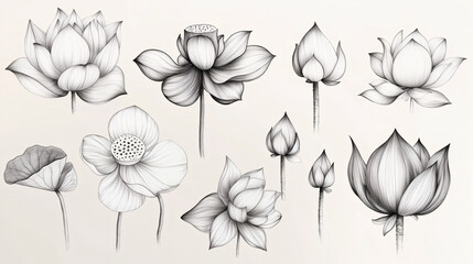 Black and White Lotus Flower Sketches
