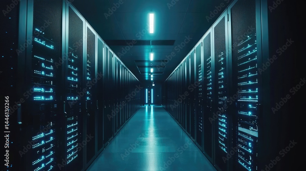 Aufkleber dark futuristic data center with glowing blue server racks, suitable for ai network visualization, d