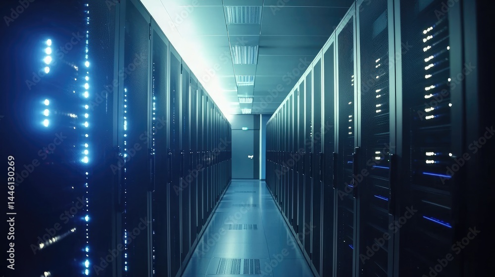 Poster symmetrical server corridor with bright blue lighting, perfect for themes of secure data processing,