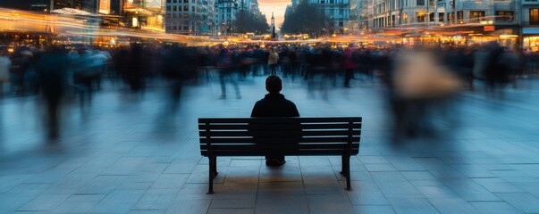 A person sits on a bench surrounded by a blurred city crowd