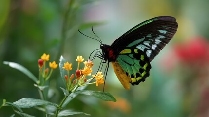 Fototapeta premium Emerald and Gold Birdwing Butterfly on Yellow Flowers