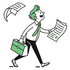 Walking Character Holding Briefcase, Scattered Papers, Green Hair, Joyful Expression