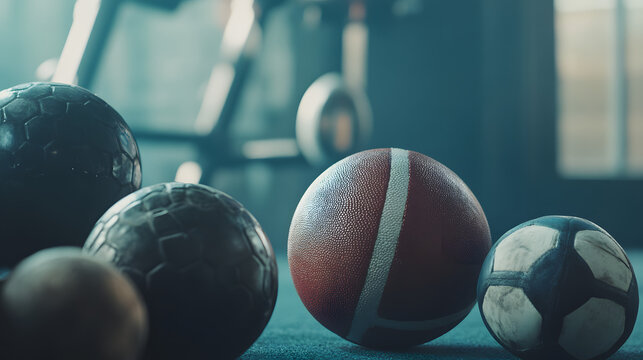 Several exercise balls in different sizes and colors sit on a gym floor, blurred background with various fitness equipment.
