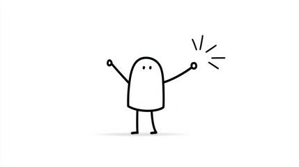 Cartoon Character Joyfully Raising Arms with a Small Object in a Simple Line Art Style
