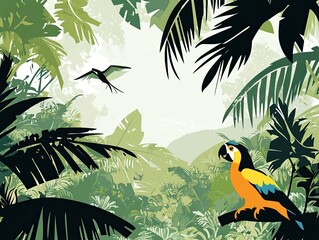 Tropical Paradise Macaw  Swooping Bird in Lush Jungle.