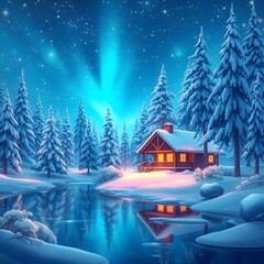 Abstract winter wonderland snow covered trees, frozen lake, gentle snowfall, cozy cabin, pure black, deep shadows art illustration design