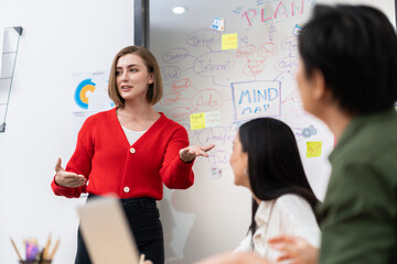 Young beautiful caucasian businesswoman presenting marketing strategy by using mind map, graph...