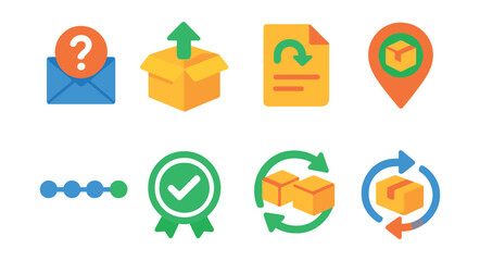 Flat vector icons of return and exchange process: return request icon, open box with arrow, return shipping label, drop-off return point, return status tracker, refund approved stamp, replacement
