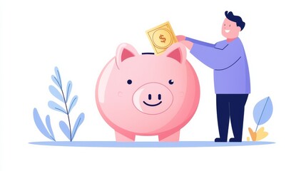 Person In Casual Attire Inserting Cash Into A Large Pink Piggy Bank Surrounded By Green Plants