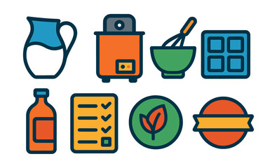 Flat vector icons of artisanal ice cream making: fresh milk jug, ice cream churner, mixing bowl with whisk, freezing tray icon, flavor infusion bottle, batch log sheet, natural ingredients badge,